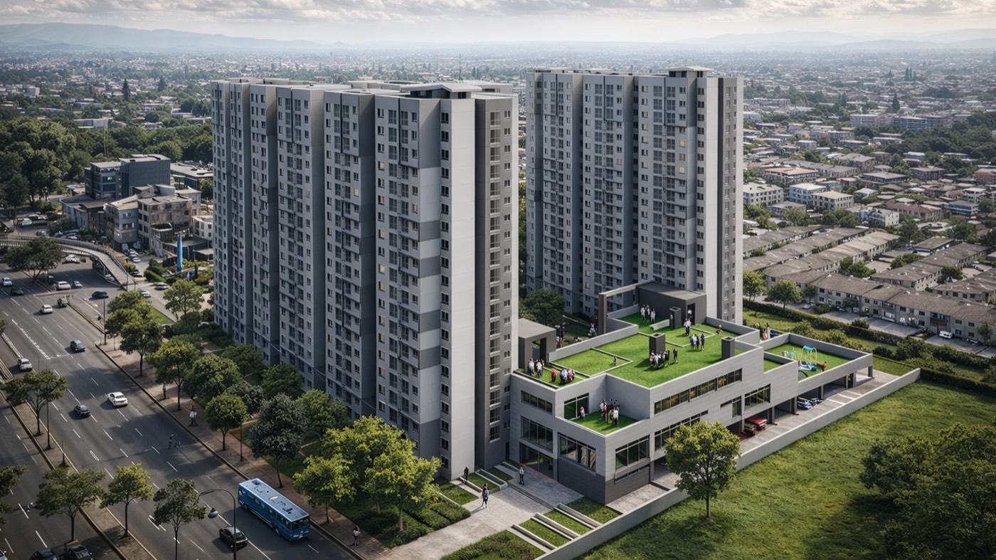 Render aéreo de L80: dos torres de apartamentos junto a una avenida, con zonas verdes en la cubierta del edificio comunal